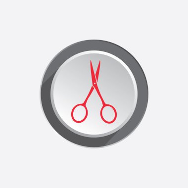 Small scissors tool icon. Cut symbol. Red sign on three-dimensional white-gray button with shadow. Vector