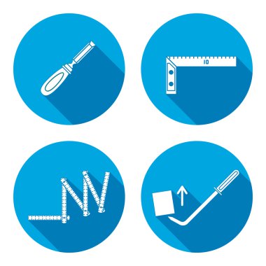 Measuring instrument, folding rule, chisel, angle, scrap, pinchbar icon. Repair, fix, elevate, measure, building tool symbol. Round circle flat icon with long shadow. Flat design. Vector