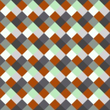 Seamless geometric checked pattern. Diagonal square, woven line background. Patchwork, rhombus, staggered texture. Orange, green, gray colors. Winter theme. Vector