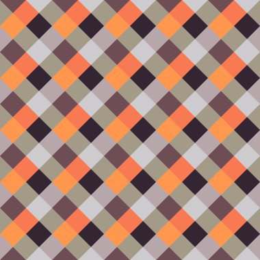 Seamless geometric checked pattern. Diagonal square, woven line background. Patchwork, rhombus, staggered texture. Orange, brown, gray colors. Winter theme. Vector