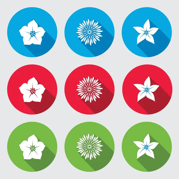 Flower icons set. Petunia chrysanthemum daisy orchid. Floral symbols. Round blue, red and green signs with long shadow. Vector — Stock Vector