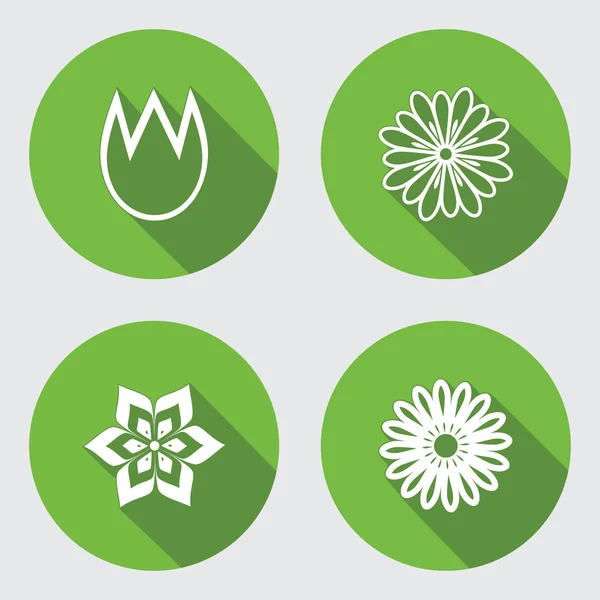 Flower 4 icons set. Chamomile, tulip, daisy, orchid. Floral symbol. Round green flat icon with long shadow. Vector — Stock Vector
