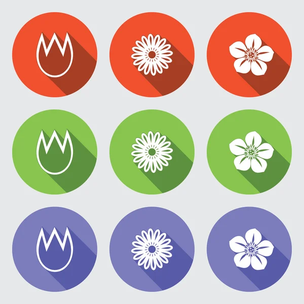 Flower icon set. Tulip, camomile, daisy, orchid. Floral symbol. White sign on round green, orange, lilac, flat buttons with long shadow. Vector isolated — Stock Vector