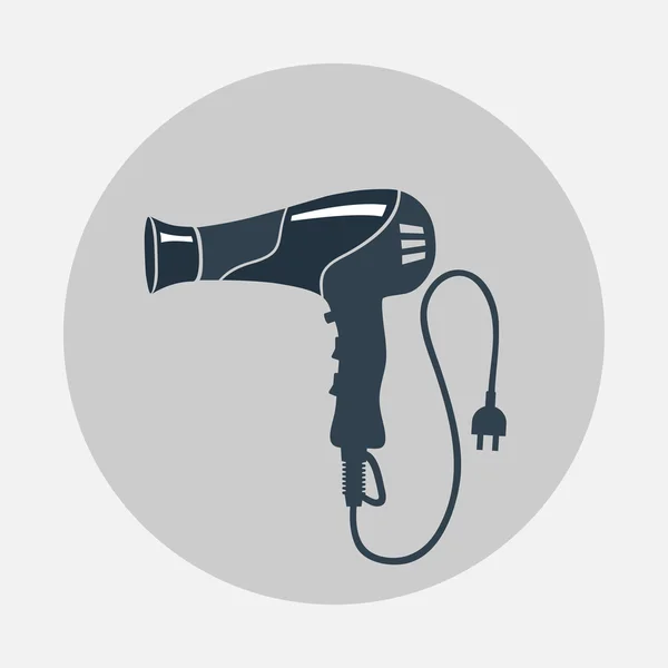 Hairdryer, blow dryer, two-pin plug icon. Professiona hairdresser tool symbol. Black sign on round gray flat button with shadow. Vector — Διανυσματικό Αρχείο