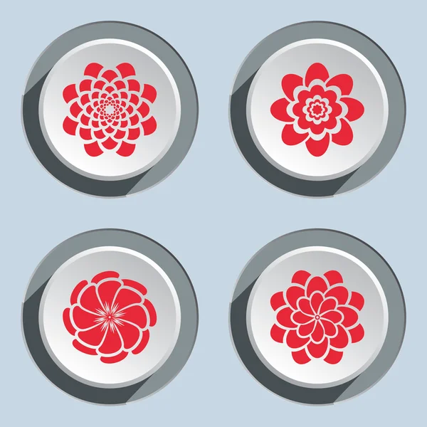 Conjunto de icono de flor. Dahlia, aster, daisy, manzanilla, crisantemo, gowan. Verano floral, símbolo otoñal. Señales rojas en el botón tridimensional blanco-gris. Vector aislado — Archivo Imágenes Vectoriales