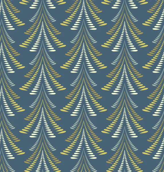 Patrón de Navidad sin costuras. Firs, árboles sobre fondo azul oscuro. Torcer adorno estilizado de hojas de laurel. Invierno, Año Nuevo, textura de la naturaleza. Vector — Archivo Imágenes Vectoriales