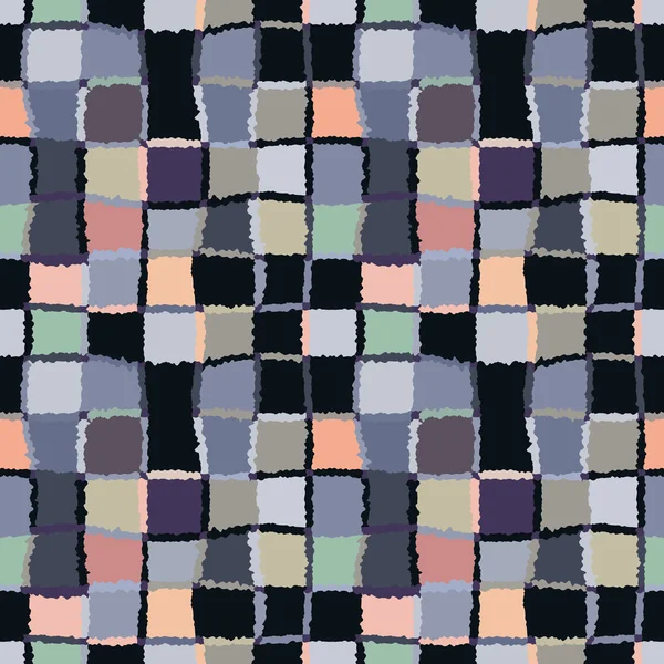 Seamless geometric mosaic checked pattern. Background of woven rectangles and squares. Patchwork, ceramic, tile texture. Cold, gray, black, green, rose colors. Vector — 스톡 벡터