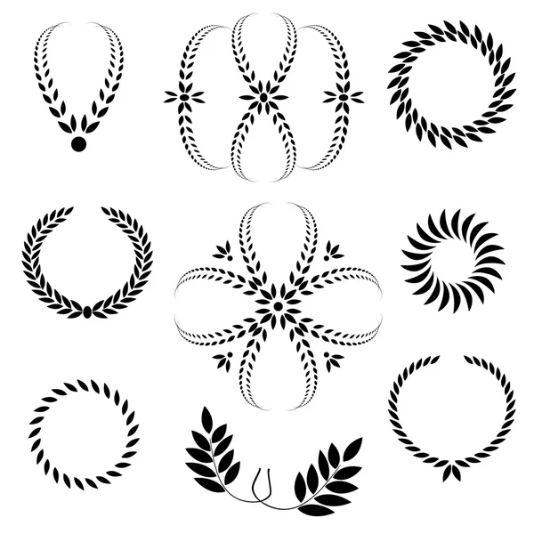 Laurel wreath tattoo set. Black stylized ornaments. Cross, circle, wing signs on white background. Victory, defense, glory symbol. Vector — Διανυσματικό Αρχείο