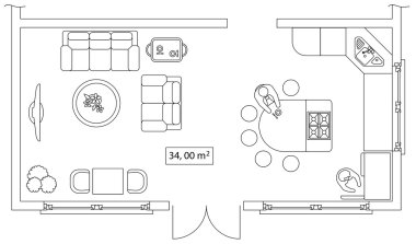 Architectural set of furniture. Interiors elements for house, cottage, office, floor plan. Thin lines icons. Equipment, tables, sofa, people, flowers. Standard size. Vector