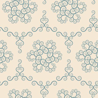 Seamless lace pattern. Vintage, curled texture. Spiral, swirl silhouettes floral snowflakes. Twist ornament of laurel leaves. Dark blue figure on light yellow background. Winter theme colored. Vector