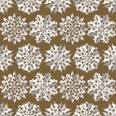 Seamless christmas pattern. Origami snowflakes signs. Paper white cut out silhouettes on gold background. Convex flake icons with shadow. Winter theme texture. Vector illustration.