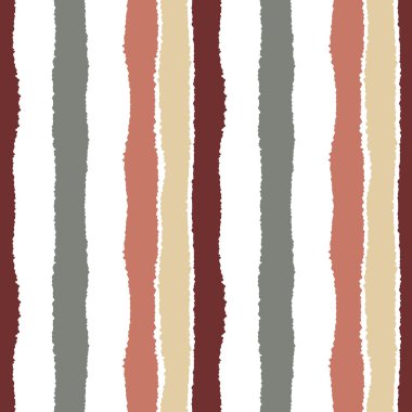 Striped seamless pattern. Vertical wide lines with torn paper effect. Shred edge band background. Gray, brown, white contrast colors. Vector