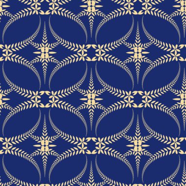 Religion seamless pattern. Laurel wreath, lace view texture with cross. Ceremonial background. Blue, yellow colored. Vector