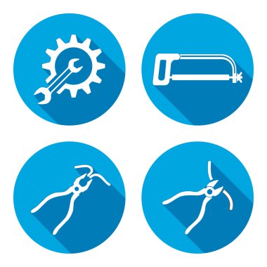 Tools icons set. Saw pliers tongs, cogwheel, wrench key. Repair fix symbols. Round blue signs with long shadow. Vector