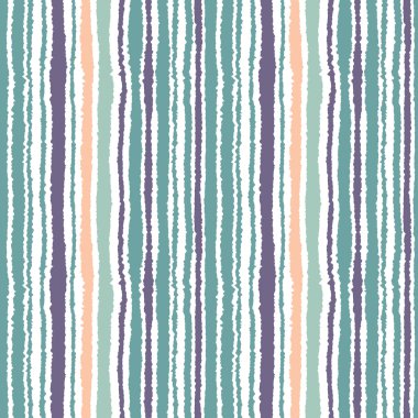 Seamless striped pattern. Vertical narrow lines. Torn paper, shred edge texture. Blue, white, orange soft colored. Vector