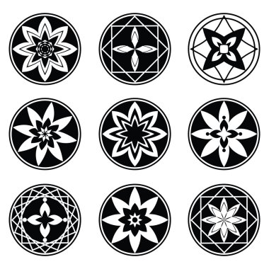 Floral, mandala tattoo set. Four and eight rays aster, star, flower signs. Black ornaments on white background. Harmony, luck, infinity symbol. Vector
