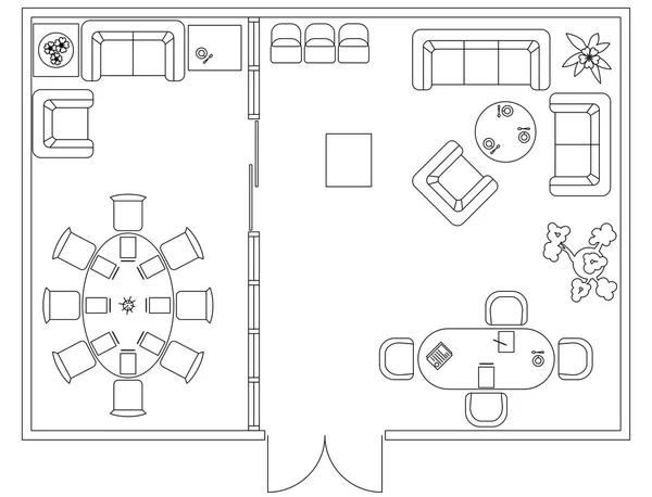 Set architettonico di mobili. Elementi di design per planimetria, locali. Icone con linee sottili. Attrezzature per ufficio. Tavoli, divano, computer persone fiori. Dimensione standard. Vettore — Vettoriale Stock