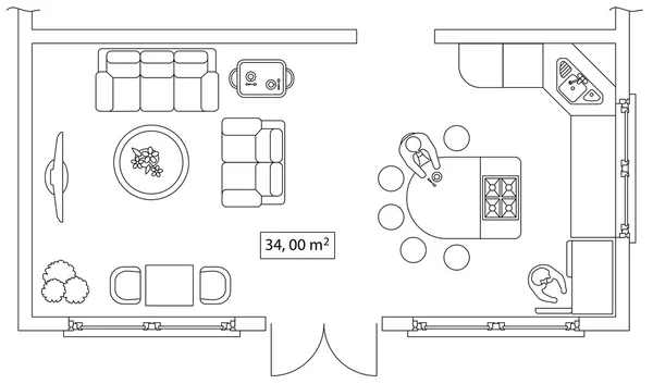 Conjunto arquitetônico de móveis. Interiores elementos para casa, casa de campo, escritório, piso plano. Ícones de linhas finas. Equipamento, mesas, sofá, pessoas, flores. Tamanho padrão. Vetor — Vetor de Stock