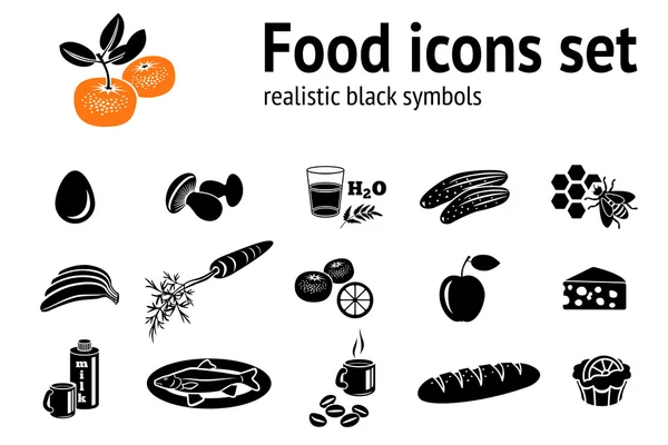 Food icons set. Fish, cake, mushrooms, honey, coffee, mandarin, cucumber, egg, milk, cheese, carrot, bread, banana, apple symbol. Vector — Stok Vektör