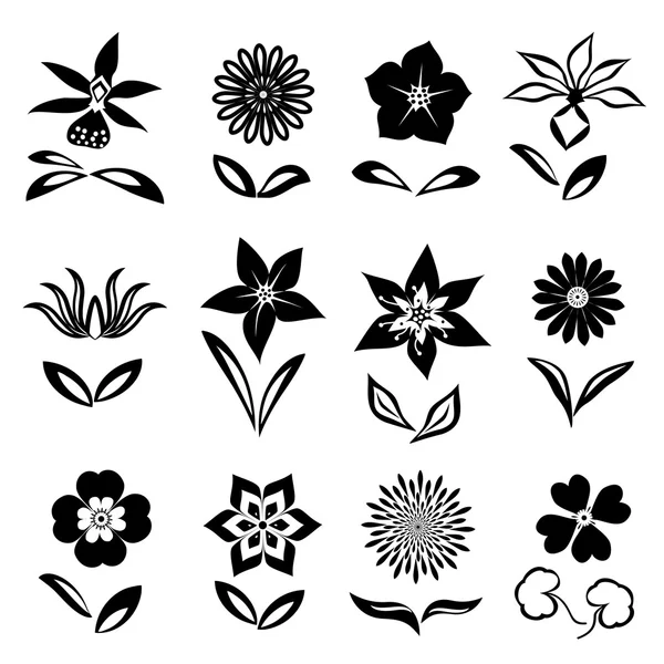 Blumensymbole gesetzt. schwarze Ausschnittsilhouetten auf weißem Hintergrund. vereinzelte Symbole von Blumen und Blättern. Vektor — Stockvektor