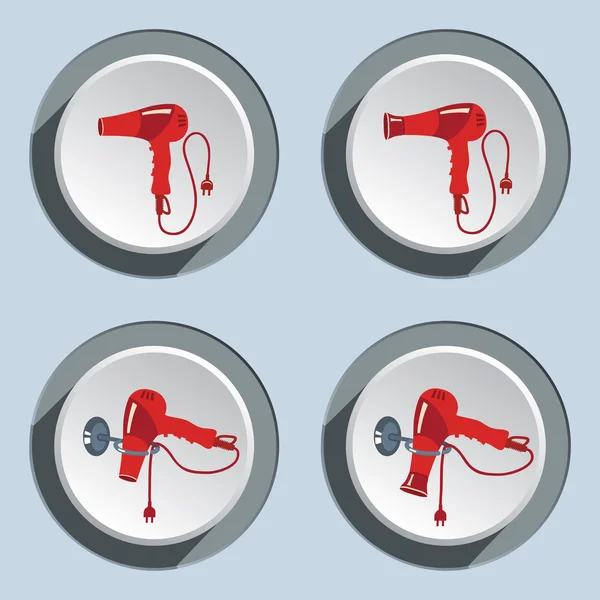 Hairdryer with two-pin plug icons set. Professional hairdresser tool symbol. Red sign on white-gray button. Vector — Stock vektor