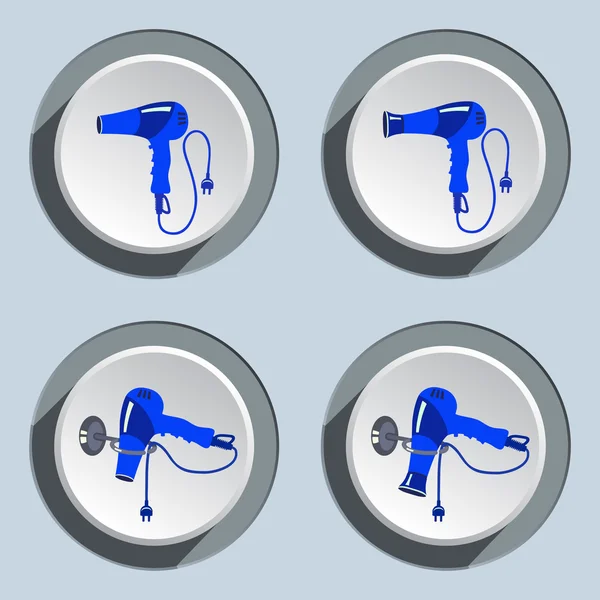 Hairdryer with two-pin plug icons set. Professional hairdresser tool symbol. Blue sign on white-gray button. Vector — Stock Vector