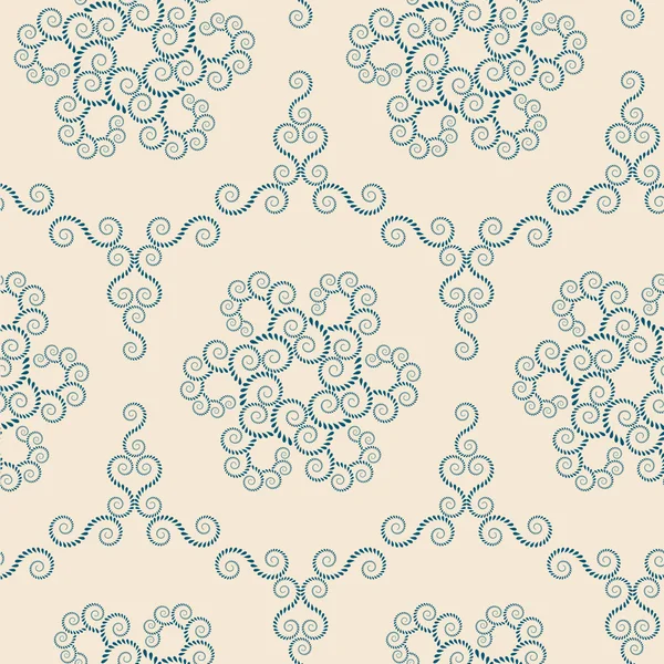 Seamless lace pattern. Vintage, curled texture. Spiral, swirl silhouettes floral snowflakes. Twist ornament of laurel leaves. Dark blue figure on light yellow background. Winter theme colored. Vector