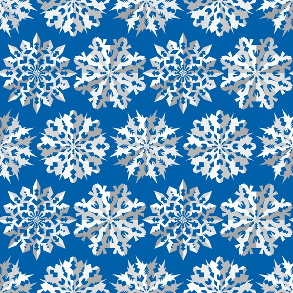 Patrón de Navidad sin costuras. Signos de copos de nieve de origami. El papel blanco cortan las siluetas sobre el fondo azul. Iconos de escamas convexas con sombra. Textura tema invierno. Ilustración vectorial . — Vector de stock