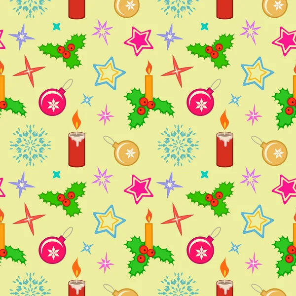 Seamless christmas pattern. Winter, holiday, New Year texture. Holly berry, candle, ball, star, snowflake colorful signs on light, gold background. Vector — ストックベクタ