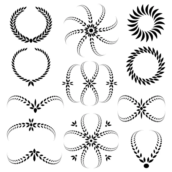Set di tatuaggi con corona di alloro. Ornamenti neri dodici segni su sfondo bianco. Vittoria, pace, simbolo di gloria. Vettore — Vettoriale Stock