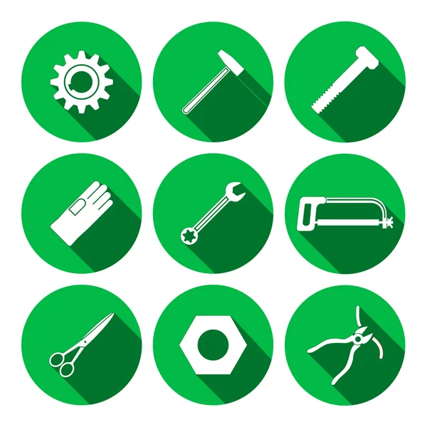 Tools icons set. Saw, tongs, wrench key, cogwheel, hammer, rubber gloves, screw bolt, nut, scissors. Fix symbols. Round green signs with long shadow. Vector — Stock Vector