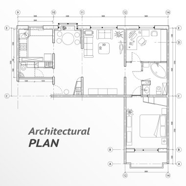 Architectural set of furniture on apartment plan with sizes. Interior design elements for house, kitchen, bedroom, bath-room. Thin lines icons. Home, hotel equipment. Vector