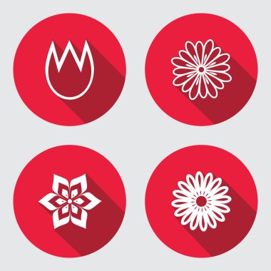 Flower 4 icons set. Chamomile, tulip, daisy, orchid. Floral symbol. Round red flat icon with long shadow. Vector