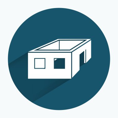 House icon. Unfinished building without roof. Ownerless incomplete symbol. Round sign with long shadow. Flat design. Vector