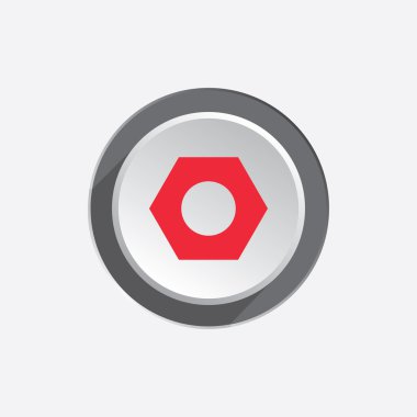Bolt nut icon. Screw symbol. Red sign on round three-dimensional white-gray button. Vector