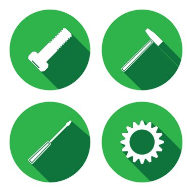 Tools icons set. Screwdriver hammer cogwheel bolt nut. Repair, fix, instrument symbol. Round circle green flat sign with long shadow. Vector