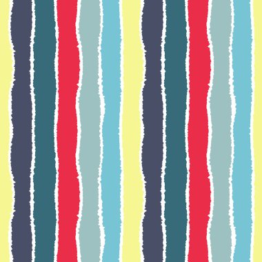 Striped seamless pattern. Vertical wide lines with torn paper effect. Shred edge band background. Blue, gray, red, yellow, white contrast colors. Vector