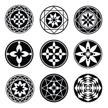 Mandala elements, tattoo icon set. Star, floral stylized ornament. Black round signs. Harmony, luck, infinity symbol. Vector