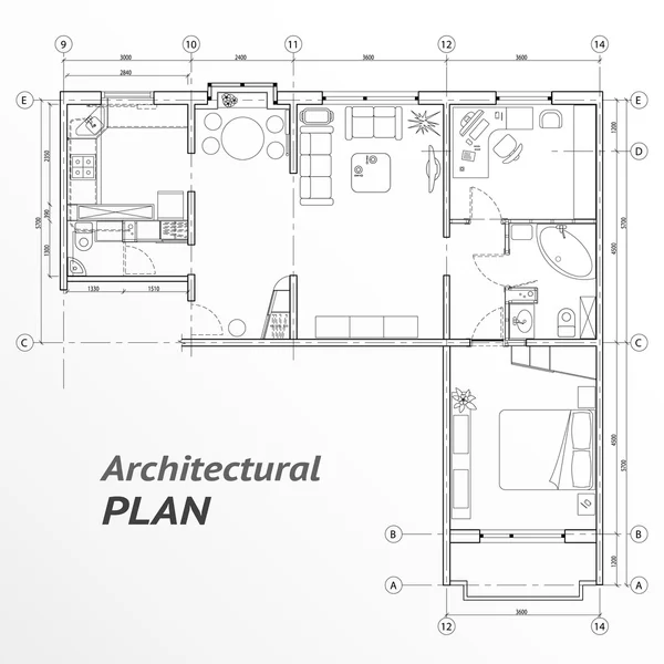 Serie architettonica di mobili su piano di appartamento con dimensioni. Elementi di design per la casa, cucina, camera da letto, bagno. Icone con linee sottili. Casa, attrezzatura alberghiera. Vettore — Vettoriale Stock