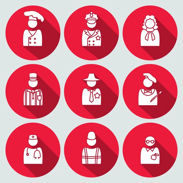 People profession avatar icon set. Judge artist referee doctor teacher sherif cook builder worker policeman. White silhouette on round red button with long shadow. Vector