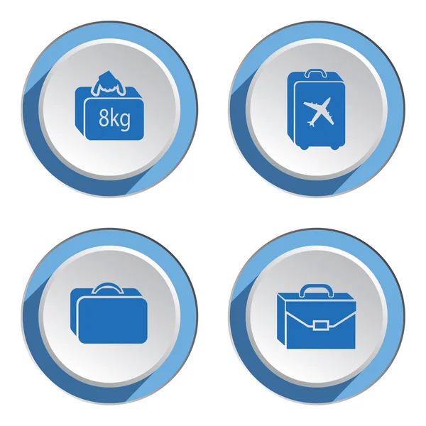 Airport baggage  icon set.  Hand luggage for traveling. Info symbol. Blue icons on white-blue 3d button with shadow. Vector isolated — Stok Vektör