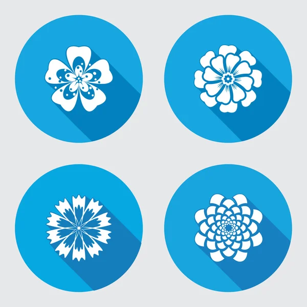 Conjunto de iconos de flores. Manzanilla, geranio, margarita, crisantemo, aciano. Símbolo floral. Icono plano redondo azul con sombra larga. Vector — Archivo Imágenes Vectoriales