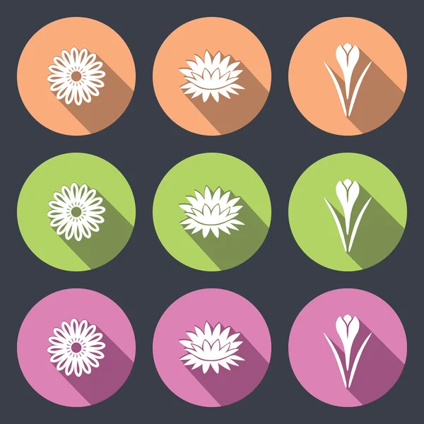 Flower icon set. Camomile, daisy, lily, water-lily, crocus, saffron. Floral symbol. White sign on round green, rose, cream, soft, lilac flat buttons with long shadow dark gray background. Vector — Stockvector