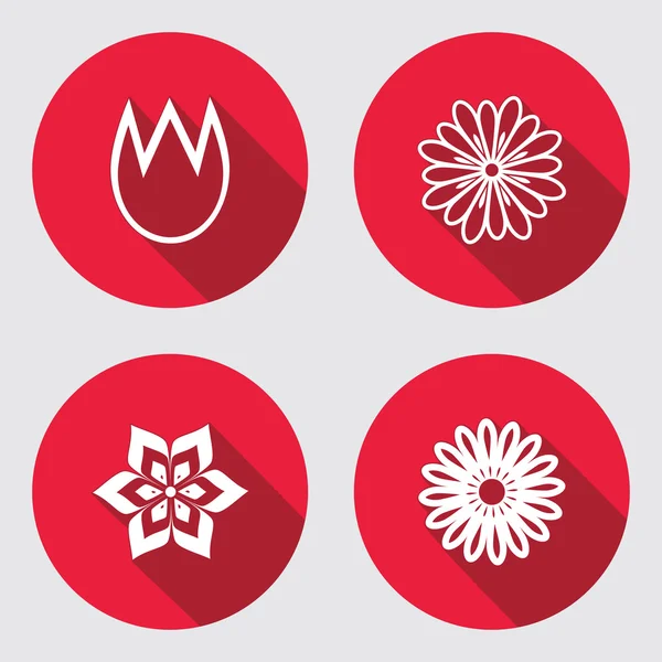 Flower 4 icons set. Chamomile, tulip, daisy, orchid. Floral symbol. Round red flat icon with long shadow. Vector — 스톡 벡터
