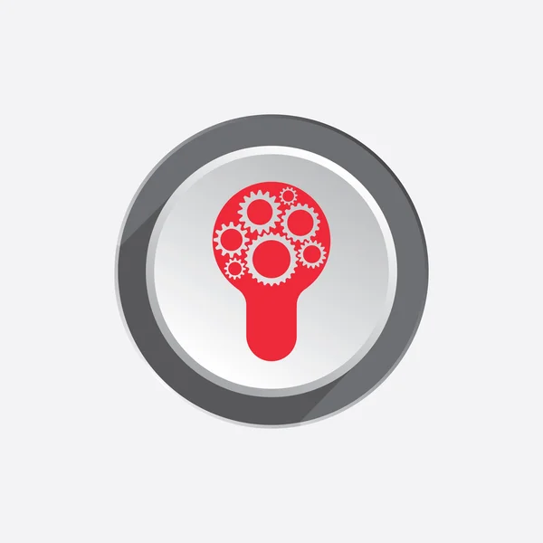 Electric bulb icon with cogwheels. Creative idea symbol. Red sign on round three-dimensional white-gray button. Vector — Διανυσματικό Αρχείο