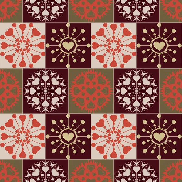 Christmas seamless pattern of heart snowflakes. New Year, Valentine day, birthday texture. Gold, green, brown, red colored signs on checked background. Winter, coffee, chocolate theme. Vector — ストックベクタ