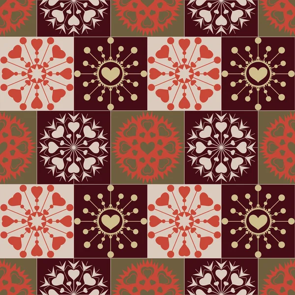 Modèle sans couture de Noël de flocons de neige coeur. Nouvel An, Saint Valentin, texture anniversaire. Plaques dorées, vertes, brunes, rouges sur fond carreaux. Hiver, café, thème chocolat. Vecteur — Image vectorielle