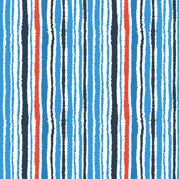 Seamless striped pattern. Vertical narrow lines. Torn paper, shred edge texture. Contrast, blue, red, white colored background. Vector — 스톡 벡터