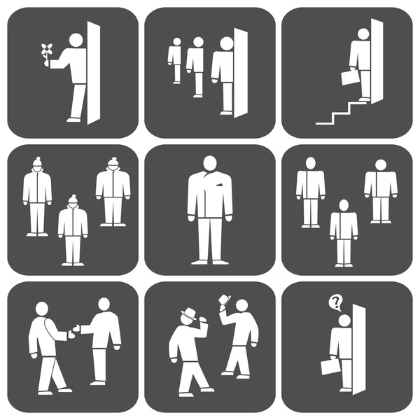 People icon set. Office, meeting, business symbol. Standing one, two, group men. White signs on dark gray rectangle button. Vector illustration — Wektor stockowy