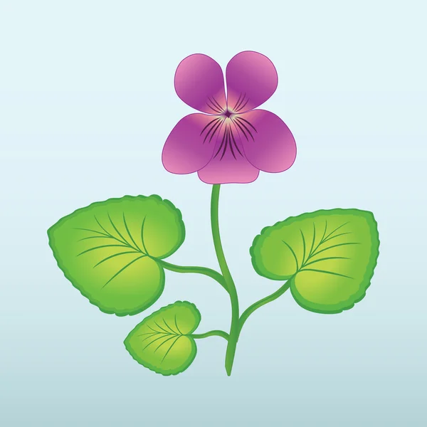 Spring flower Viola, violet. Floral icon. Yellow, violet, lilac bud with stem and leaves on light blue background. Vector isolated. — Διανυσματικό Αρχείο
